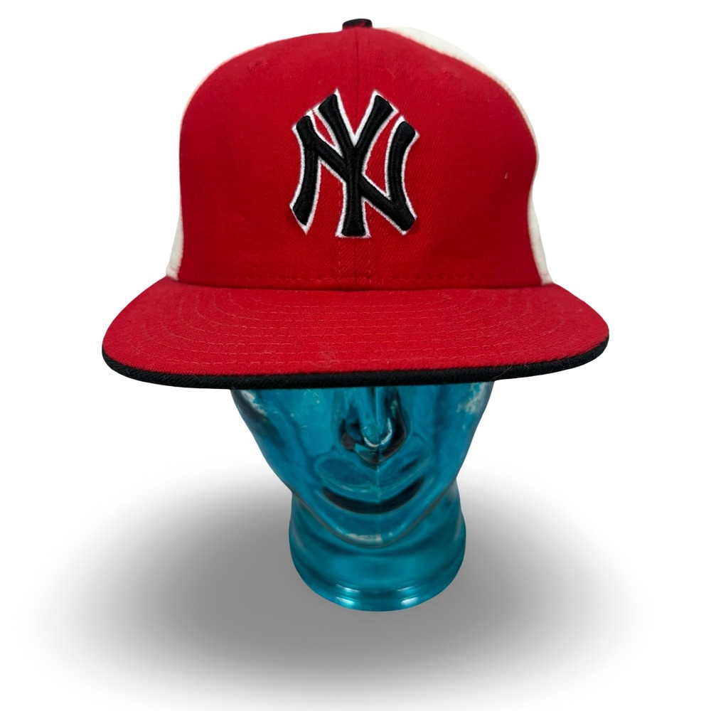 Vintage New Era NY Yankees 59FIFTY‎ Fitted Hat Size 7 1/2 Red White Cap USA 90s